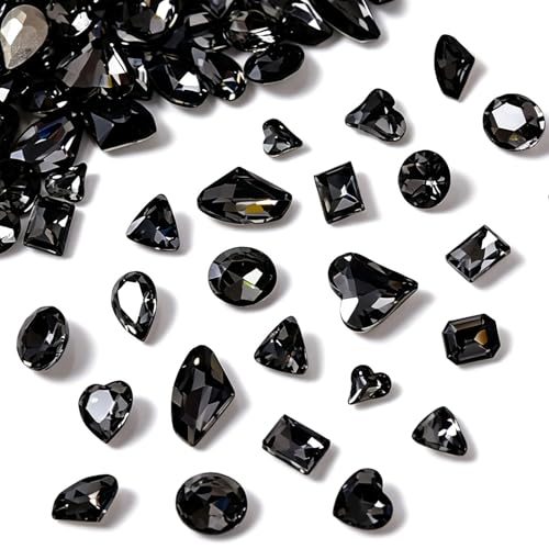48 Pcs Big Mix Sizes Different Shape Nail Rhinestones 12 Styles 3D Glass Crystals Diamonds Love Distorts Heart Super Shiny Charms Gems Stones DIY Nail Art Decoration Craft Jewelry (Transparent Black) - color: Transparent black