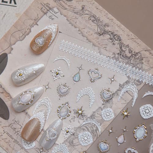 1 Sheet Vintage Frame Nail Stickers 5D Embossed White Lace Nail Decals Star Heart Nails Supplies Teardrop Shape Gem Nail Designs Lace French Tip Nail Art Stickers for Women DIY Manicure Decoration - color: Vintage