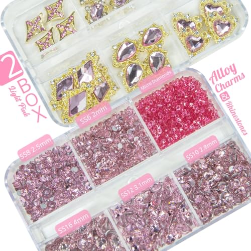 qiipii 24pcs Pink Luxury Nail Charms +2000pcs Rhinestones 3D Big Nail Gems K9 Glass Nail Crystals Diamonds Jewelry Stones Alloy Nail Art Studs Decor Supplies Heart Charms for Arylic Nails DIY Crafts - color: Luxury Charms - Pink, size: 2 Box