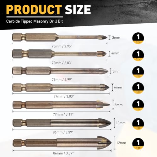 7Pcs 1/8"-1/2" Carbide Masonry Drill Bits Set Hex Shank Brown - color: Brown, size: 1/8"-1/2"
