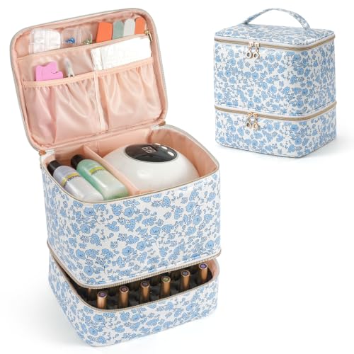 Uross Nail Polish Organizer Bag Case, 30 Bottles PU Leather- Blue Floral - size: Medium- Hold 30 Bottles