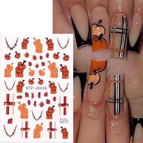 6 Sheets Fall Nail Stickers 3D Self-Adhesive Thanksgiving Nail Decals Autumn Maple Leaf Nail Art Stickers Pumpkin Fruit Fallen Leaves Sunflower Nail Design for Women Holiday DIY Manicure Accessories - color: Fall