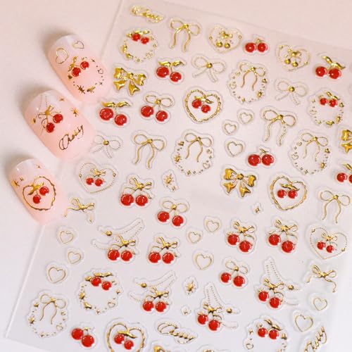 5 Sheets Cherry Nail Stickers 5D Embossed Rhinestone Cherry Bow - color: Cherry Bow
