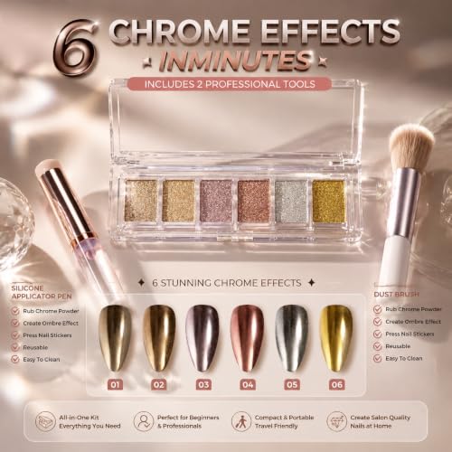 AILLSA Solid Chrome Nail Powder Kit, Metallic Mirror Effect Pigment