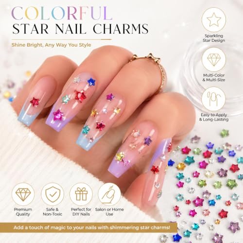 200pcs Colorful Crystal Star Nail Art Charms Mixed Size Color 3D Stars Nail Rhinestones Flat Back Star Nail Gems Crystal Pentagram Nail Diamond DIY Acrylic Nail Supplies Nail Accessories (Star) - color: Star