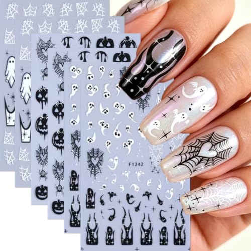 Halloween Nail Art Sticker Pumpkin Spider Web Nail Sticker 6Pcs French 3D Self-Adhesive Pumpkin Heart Spider Web Nails Decals French Flame Nail Supplies Accessories for Halloween Manicure Decoration - color: Pumpkin Spider Web