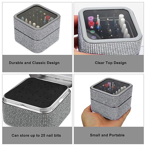 Cellentool 25 Holes Nail Drill Bits Holder Rhinestone Case Box - color: Silver, size: 25 Holes