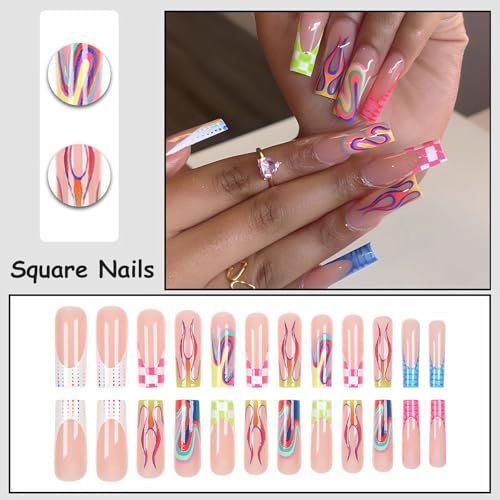 MISUD Press on Nails - Long Square Glue on Nails with Colorful Plaid, Acrylic Checkered Flame Design 24 pcs - color: 07811Colorful