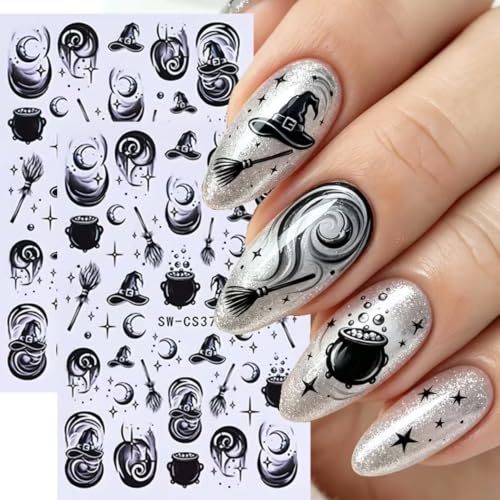 Halloween Witchcraft Theme Nail Broomstick Cauldron Nail Decal 6Pcs 3D Self-Adhesive with Evil Eye Vortex Moon Star Nail Design Gothic Nail Supplies Accessories for Halloween DIY Manicure Decoration - color: Witchcraft