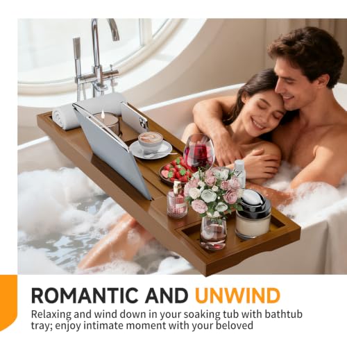 Foldable Bathtub Tray Caddy with Soap Dish Adjustable29.5-43''Walnut - color: Walnut