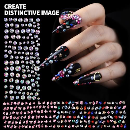 FANDAMEI 24 Grids Nail Embellishments, Fingernail Jewelry with B7000 Glue*2