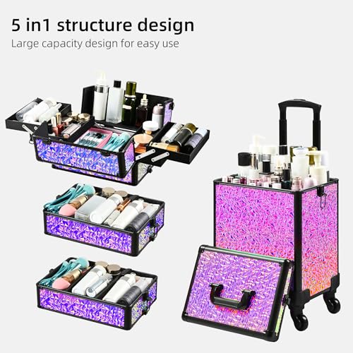 Rolling Makeup Case, Makeup Train Case with Lid, 5 in 1 Cosmetology Case on Wheels, Christmas Gift, Large Makeup Case Organizers, Profesional Cosmetic Case for Salon Barber,Black Colorful - color: Black Colorful