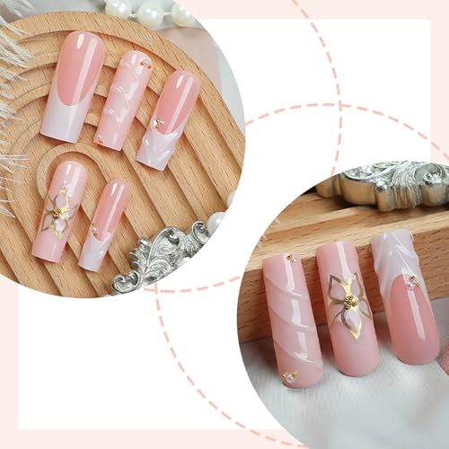 RUOKEXIN Long Square Press on Nails French Tip Fake Nails Pink Ombre False Nails with 3D Designs Sparkly Artificial Nails Acrylic Glue on Nails Press ons Cute Stick on Nails for Women 24Pcs - color: Long Style-C7C29