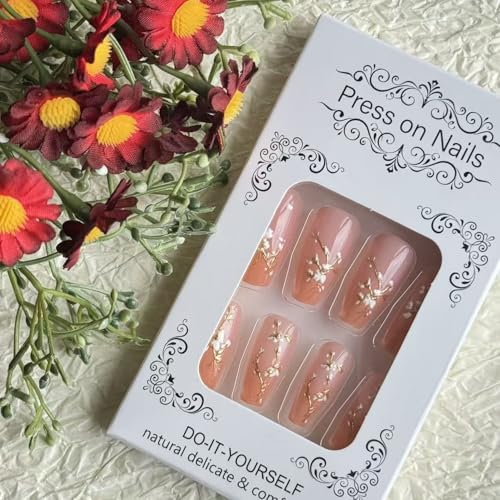 Long Coffin Press on Nail Flower Fake Nails Pink Nude Gradient Press ones with Gold Foil designs Acrylic Stick on Nail Glossy Full Cover Spring Summer Glue on Nails for Women Nail Supplies24pcs - color: style34
