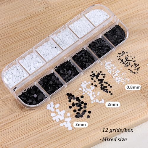 12Grid Polka Dot Nail Sequins, 3D Black White Round Dot Nail Glitter Flakes Mixed Size Mini Circle Charms Tiny Round Sequins for French Retro DIY Manicure Salon Nails Art Decorations