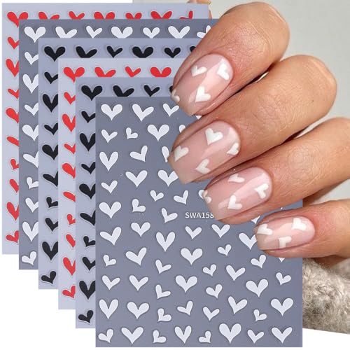 Heart Nail Stickers for Nail Art, Valentines’ Day Hearts Nail Art Stickers Decals 6PCS Black White Red 3D Self-Adhesive Heart Sticker for Nails Valentines Nails Design Manicure Supplies for Women - style: red white black heart