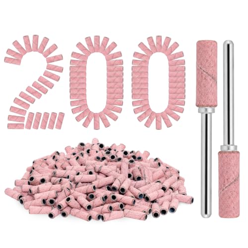 200 Pcs 180 Grit Pink Nail Sanding Bands 2 Mandrels Nail Drill Accessories
