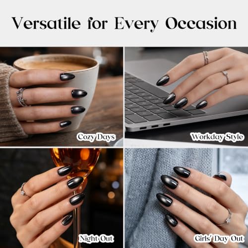 Beetles Black Cat Eye Press On Nails 96 Pcs, Matte Short Almond, 16 Sizes - color: 0 - Black CatEye - S