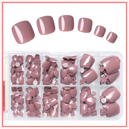 168pc Press on Toenails Women Fake Toe Nails with Glue Tabs, Coffee Fake Toenails Press on Nail Short Square Toe Nails Press ons Glue Toenail Feet False Artificial Acrylic Toe Nail Tips - color: Coffee