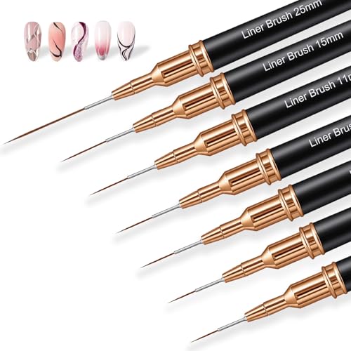 7PCS Metallic Nail Art Brushes Set, 7/9/11/15/25mm Liner Brush For Nails Gel, Super Fine Painting Art Design Pen for Long-Line Patterns, Detailed Outlines, Geometric Shapes (Black)
