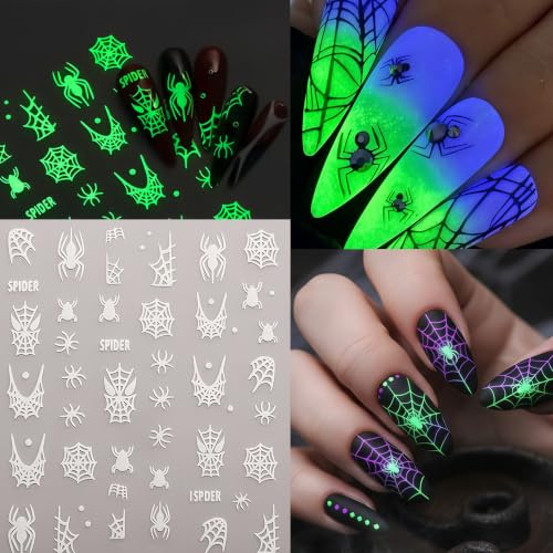 8 Sheets Halloween Glow in The Dark Nail Art Stickers 3D Self-Adhesive Luminous Ghost Heart Spider Web Nail Decals Gothic Skull Spider Pumpkin Supplies Nails Decoration for Women Manicure Accessories - style: fluorescent ghost