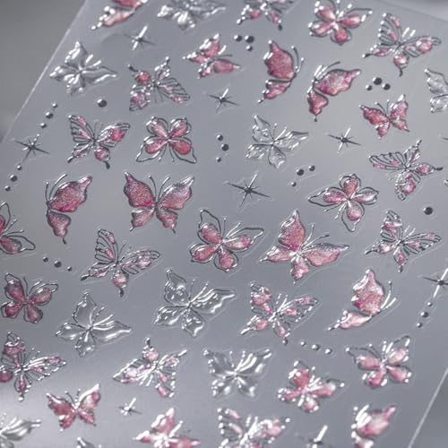 Red Butterfly 5D Embossed Nail Art Stickers Spring Summer Nail Decals Hot Silver Butterflies Nail Stickers Self Adhesive Glitter Star Nail Design Stickers for Women Spring Summer Nail Art Supplies - style: Butterfly Nail Stickers-7