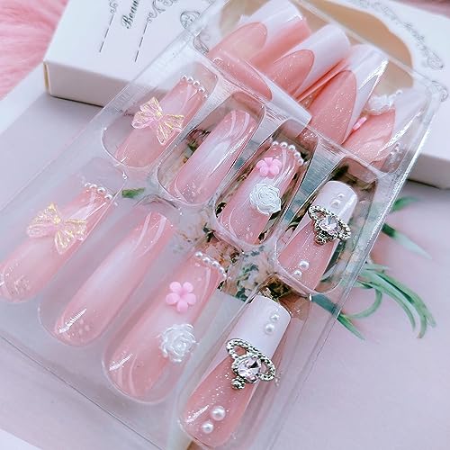 Square Press on Nails Medium - White French Tip Extra Long Fake Nails Press ons,24 Pcs Flower Pearl Charms Design Glue on Nails Pink Acrylic Nails Glossy Full Cover False Nail For Women - color: Flower Pearl Charms