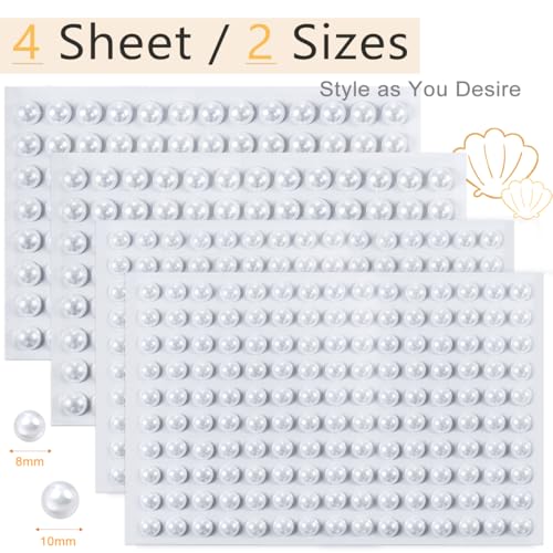 qiipii 4 Sheets Pure White Flatback Pearls Stickers Self Adhensive Solid White Big Half Pearls Stick On Jewels 8mm 10mm Large Sizes Gems Stick on for Nails Face Eyes Hair Makeup Clothing DIY Crafting - color: Pure White Pearls, size: Large Size