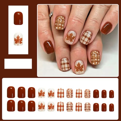 Fall Brown Press On Nails Short Square Fake Nails Maple Leave - color: design-12