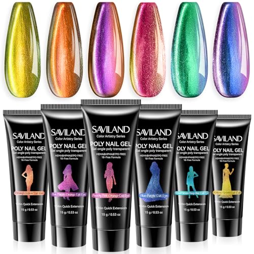 Saviland Hema-Free Poly Gel, 6 Colors Cat Magnetic Eye for Starter Nail DIY - color: 06- 6 Chameleon Colors Glitter