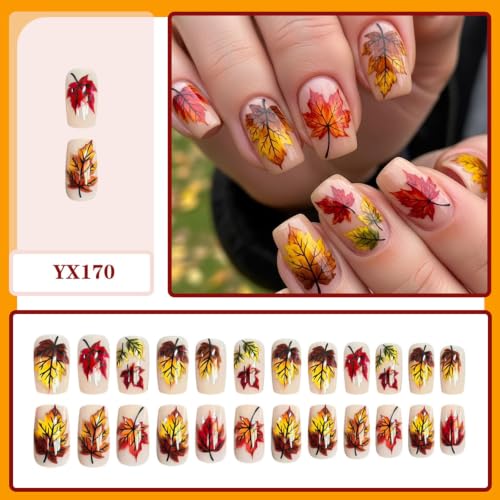 Maple Press on Nails Square Medium Fake Nails with Leaves Designs Fall Nails Press ons Nude Glue on Nails Glossy Acrylic Nails Artificial Stick on Nails for Women 24Pcs - color: Leaves Designs