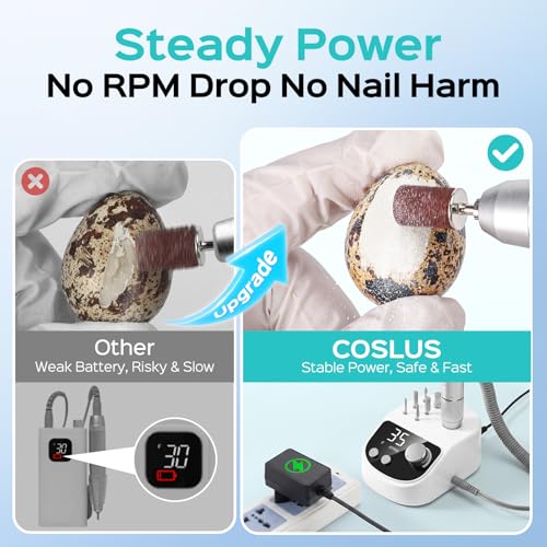 COSLUS E50 Professional Electric Nail Drill, Upgraded Steady Power, White - color: White