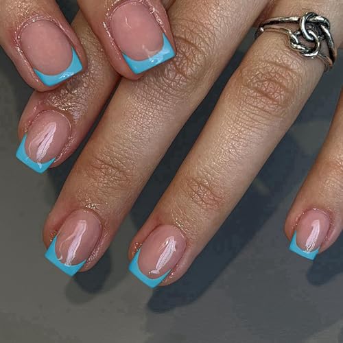 30Pcs Sky Blue French Tip Press on Nails Short Square Nails Press ons, Short Fake Nails Coffin Acrylic French Glue on Nail False Nail for Women Natural15 Sizes - color: square sky blue