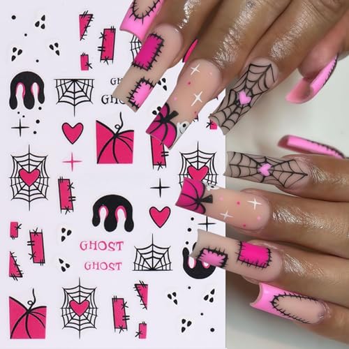8Sheets Halloween Nail Stickers for Nail Art,3D Self-Adhesive Cute Ghost Spider Nail Decals Pink Red Horror Pumpkin Heart Spider Web Nail Design Nails Supplies for Women Manicure Holiday Decorations - style: spider