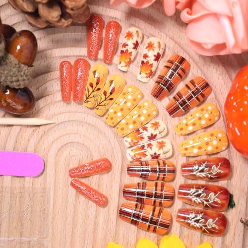 Fall Press on Nails Long Coffin False Nails Autumn Maple Leaf Fake Nails with Orange Glitter Plaid & Polka Dots Design Full Cover Acrylic Nails Reusable Thanksgiving Manicure Nail Tips for Women 24Pcs - color: special Fall-4