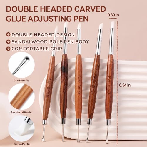 Dual-Ended Nail Sculpting Pens Set, 5 Pcs Silicone Gel Carving Pen & Gel Picker Tool, Wooden Handle Nail Brush for 3D Flower Sculpture Picking Chrome Powder - color: Nail Sculpting Pens Set