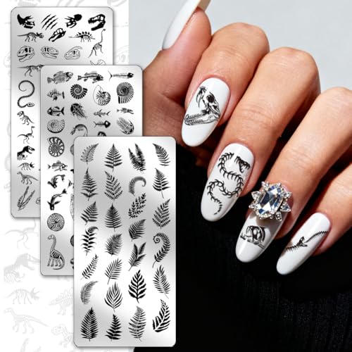 PH PandaHall 111 Patterns Dinosaur Fossils Nail Stamping Plates 3pcs Snake Fish Fossil Nail Stamper Marine Fossils Nails Image Plates Leaf Plant Nails Art Stencils for Women Manicures Salon Design - style: Dinosaur Fossils
