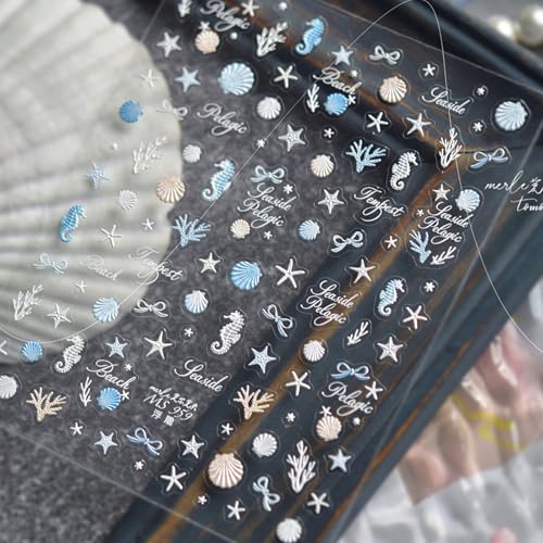 1 Sheet Summer Nail Art Stickers Decals Ocean Theme Nail Decals Seashell Seahorse Starfish Nail Design Summer Sea Theme Nail Supplies Ocean Life Seaweed Nail Accessories for Women Manicure Decoration - style: seashells