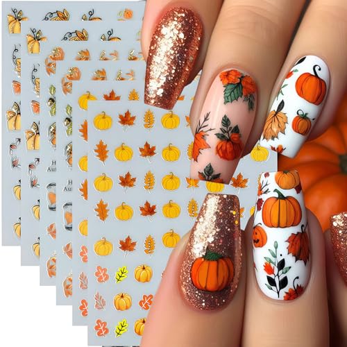 6 Sheets Fall Nail Stickers Thanksgiving Nail Decals 3D Self-Adhesive Glitter Autumn Maple Leaves Pumpkin Design Stickers Fall Maple Leaf Nail Art Sticker for Women Holiday DIY Manicure Decoration - style: Thanksgiving