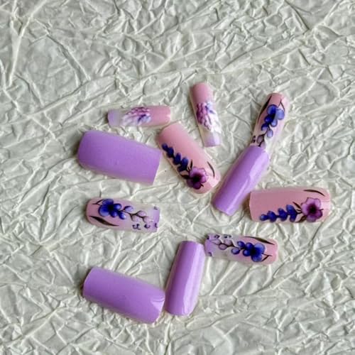 Flower Press on Nail Long Square Fake Nails with Purple Pink Gradient Stick on Nail designs Acrylic Press ones Glossy Full Cover 3D False Nails Reusable Glue on Nails for Women 24pcs - color: styles36