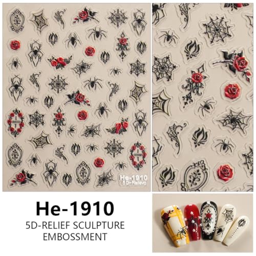 5D Embossed Halloween Nail Stickers Ghost Spider Rose Skull Nail Decals - color: Multicolor1