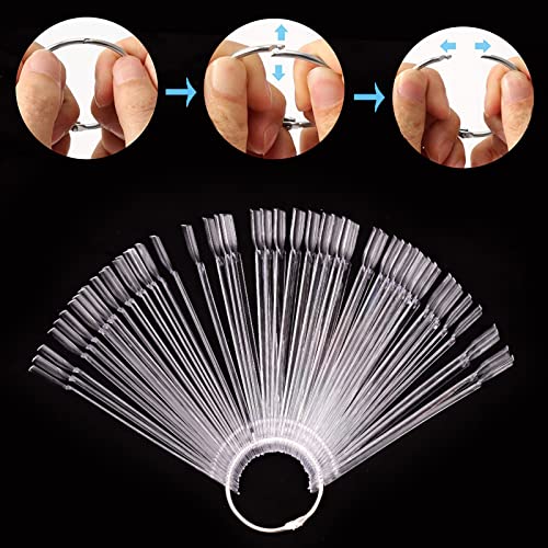 KINJOEK 150 Tips Clear Nail Swatches Sticks, Nail Art Supplies for Nail Art Polish Display and Home DIY, Transparent Nail Practice Tips Sample Sticks Color Display Board Accessories with Ring