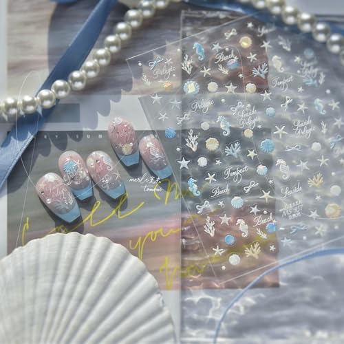 1 Sheet Summer Nail Art Stickers Decals Ocean Theme Nail Decals Seashell Seahorse Starfish Nail Design Summer Sea Theme Nail Supplies Ocean Life Seaweed Nail Accessories for Women Manicure Decoration - style: seashells