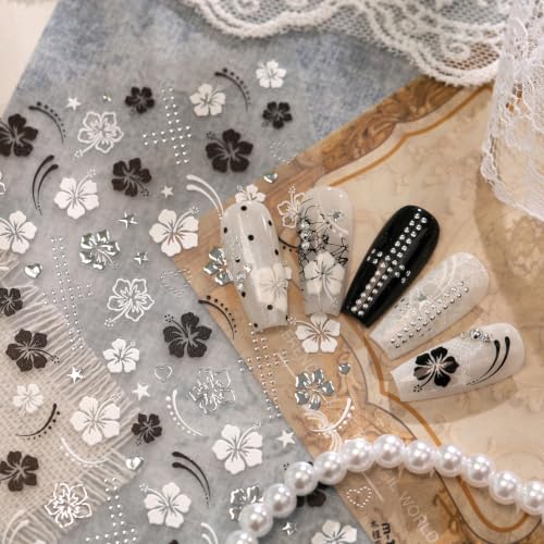 Black White Hibiscus Flower Nails Stickers - 3D Self‑Adhesive, 1 Sheet - color: Color-33
