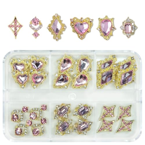 qiipii 24pcs Pink Nail Luxury Nail Charms Heart Rhinestones Charms 3D Big Nail Gems Crystals Diamonds Jewelry Stones Alloy Studs Supplies Decoration for Arylic Nails Face Makeup DIY Crafts Jewerly - color: Luxury Charms - Pink, size: 1 Box
