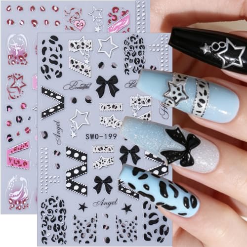 Halloween Gothic Nail Stickers Hollow Star Self-Adhesive Nail Decals 5D Embossed French Tip Nail Art Stickers Y2K Pink Bow Nail Design Stickers Leopard Print Goth Nail Decorations for Women DIY 2Pcs - style: Halloween-5