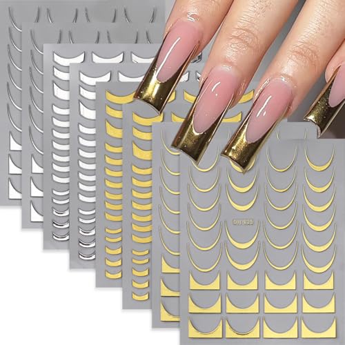 8 Sheets Gold Silver French Stripe Line Nail Stickers, 3D Self-Adhesive - color: Dh-825+826