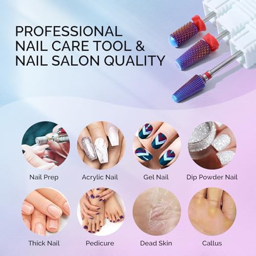 MelodySusie 3Pcs Nail Drill Bits Set, 3/32'' Carbide Tungsten Bits, 5 in 1, Smooth Round Top Large Barrel and Tornado Bits, Suitable for Manicure Pedicure Cuticle Gel Acrylic Remover, Purple - size: A Set