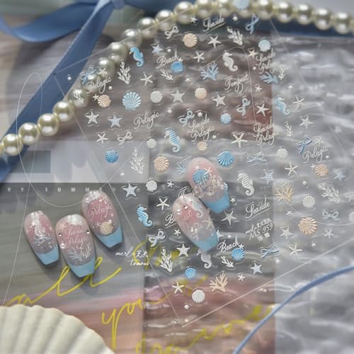 1 Sheet Summer Nail Art Stickers Decals Ocean Theme Nail Decals Seashell Seahorse Starfish Nail Design Summer Sea Theme Nail Supplies Ocean Life Seaweed Nail Accessories for Women Manicure Decoration - style: seashells