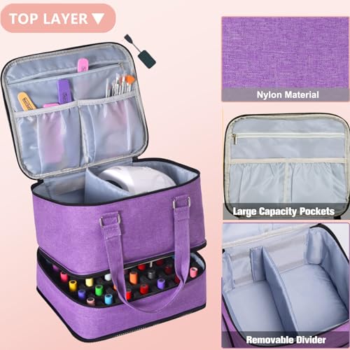 FCQQYWZ Large Nail Polish Organizer Case Hold 84+ Bottles Nail Polish & Nail Lamp, 3 Layers Nail Organizers and Storage for Nail Tech with Divider, Travel Carrying Case(Purple) - color: Purple-84Bottles